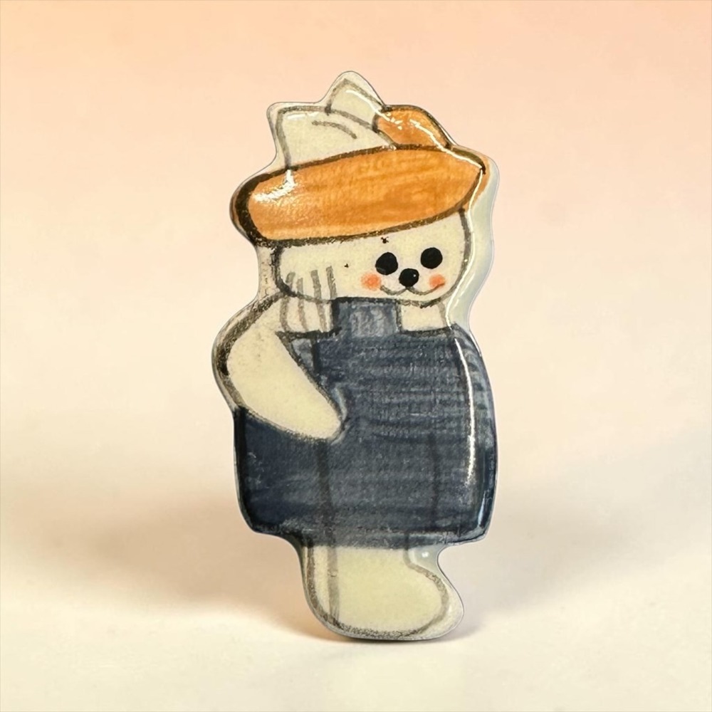 Hand Painted Bunny Rabbit Resin Brooch Winter Scarf Folk Art Pin